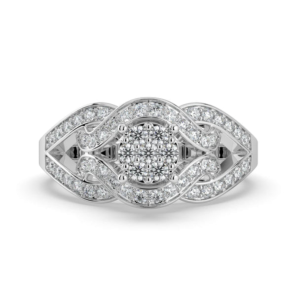 A diamond ring featuring a round center cluster with wavy pavé-set diamond details along the band, creating an elegant and flowing design.