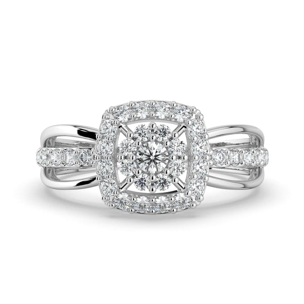 A cushion-shaped diamond halo ring with a round center stone and diamond-encrusted split shank band, adding brilliance and elegance to the intricate design.