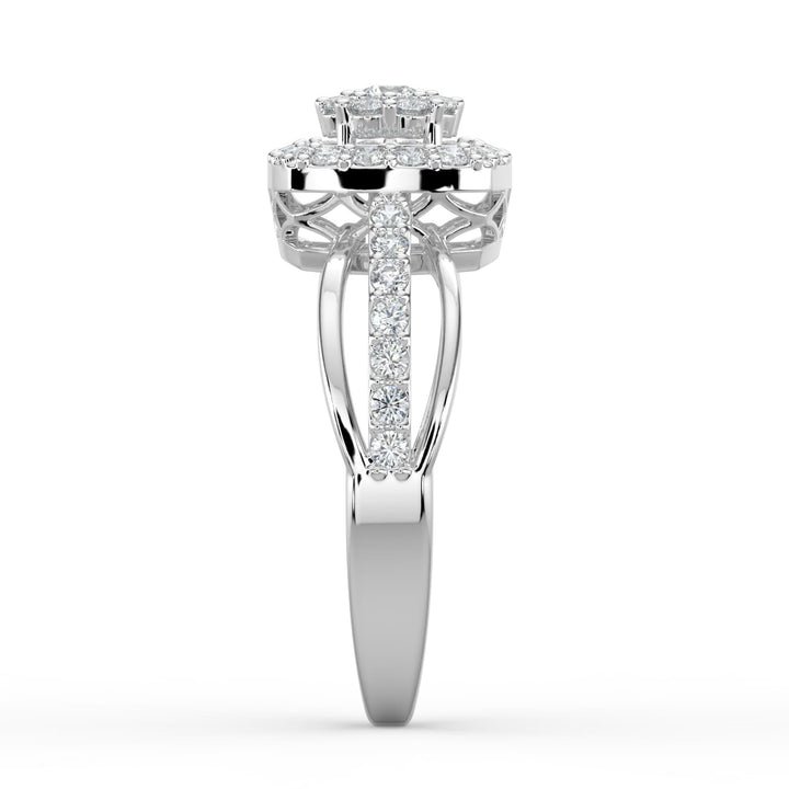 A cushion-shaped diamond halo ring with a round center stone and diamond-encrusted split shank band, adding brilliance and elegance to the intricate design.