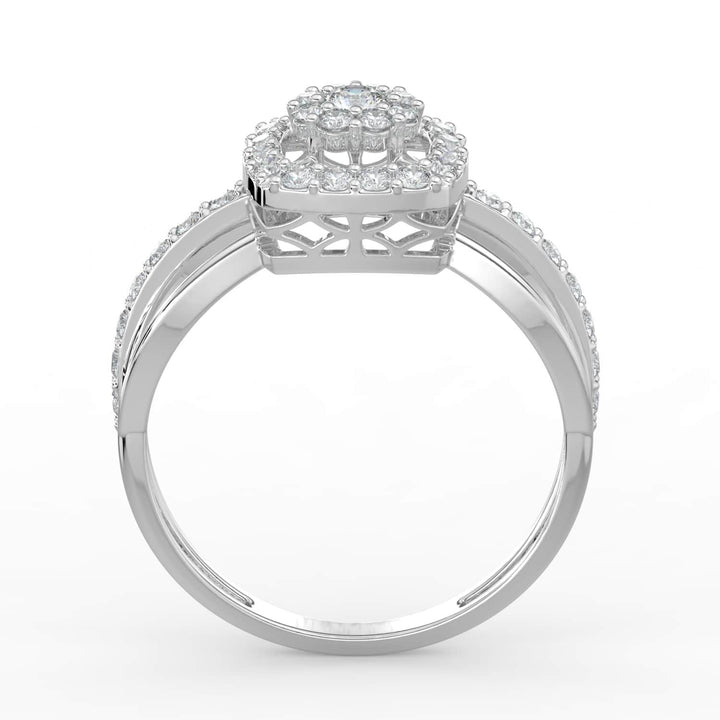 A cushion-shaped diamond halo ring with a round center stone and diamond-encrusted split shank band, adding brilliance and elegance to the intricate design.