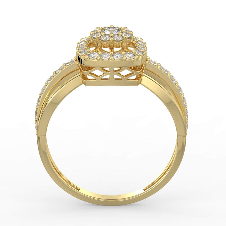 A cushion-shaped diamond halo ring with a round center stone and diamond-encrusted split shank band, adding brilliance and elegance to the intricate design.