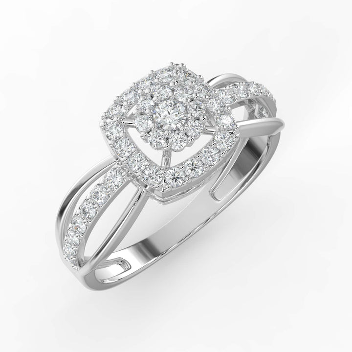 A cushion-shaped diamond halo ring with a round center stone and diamond-encrusted split shank band, adding brilliance and elegance to the intricate design.