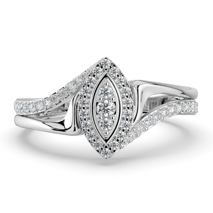 A marquise-shaped diamond centerpiece framed with smaller diamonds on a split shank band, creating an elegant and modern design with shimmering details.