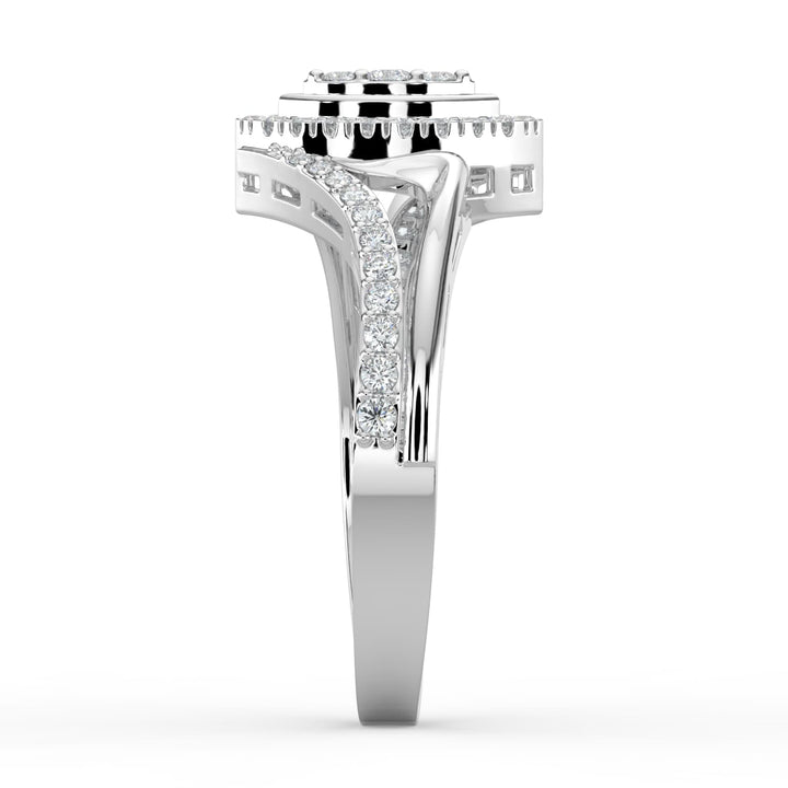 A marquise-shaped diamond centerpiece framed with smaller diamonds on a split shank band, creating an elegant and modern design with shimmering details.