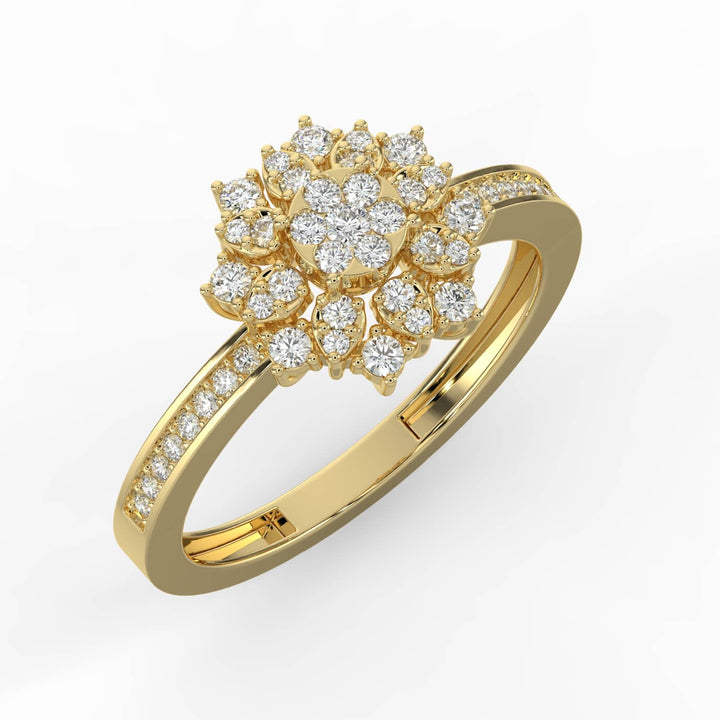 A floral-inspired diamond cluster ring featuring pear-shaped diamonds surrounding a round center, set on a diamond-encrusted band for a radiant, blooming effect.