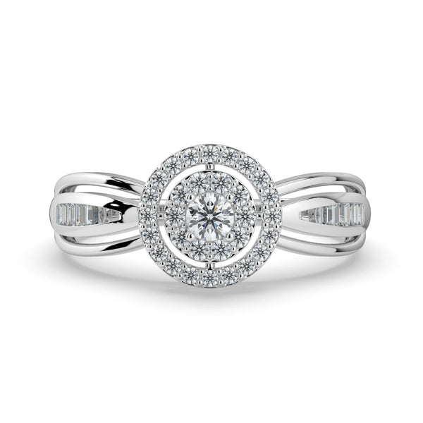 A circular diamond cluster ring with a double halo design and baguette diamonds accentuating the split shank band, creating a timeless and elegant style.