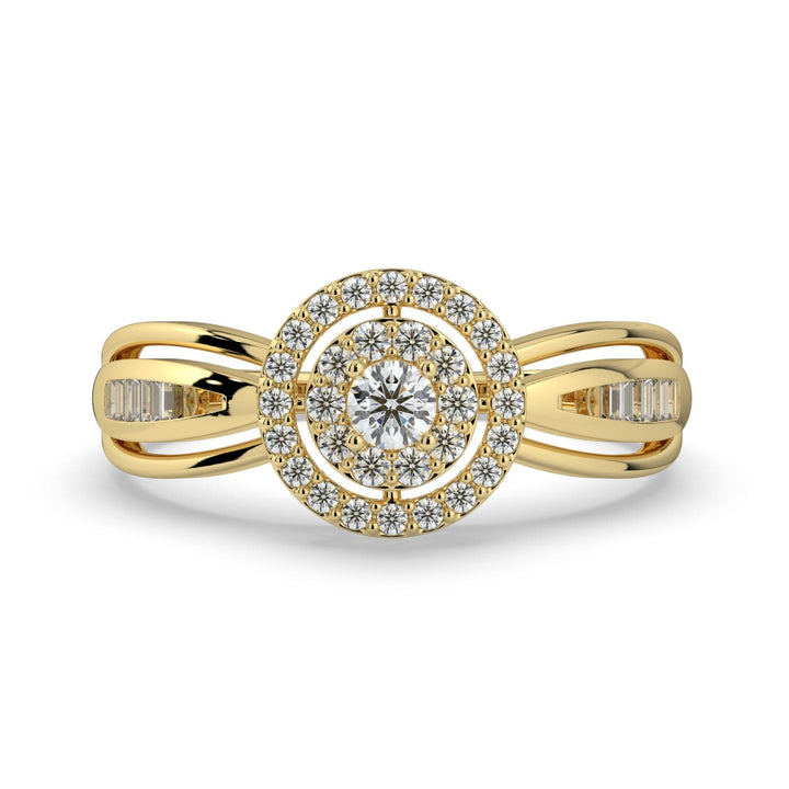 A circular diamond cluster ring with a double halo design and baguette diamonds accentuating the split shank band, creating a timeless and elegant style.