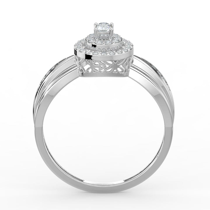 A circular diamond cluster ring with a double halo design and baguette diamonds accentuating the split shank band, creating a timeless and elegant style.