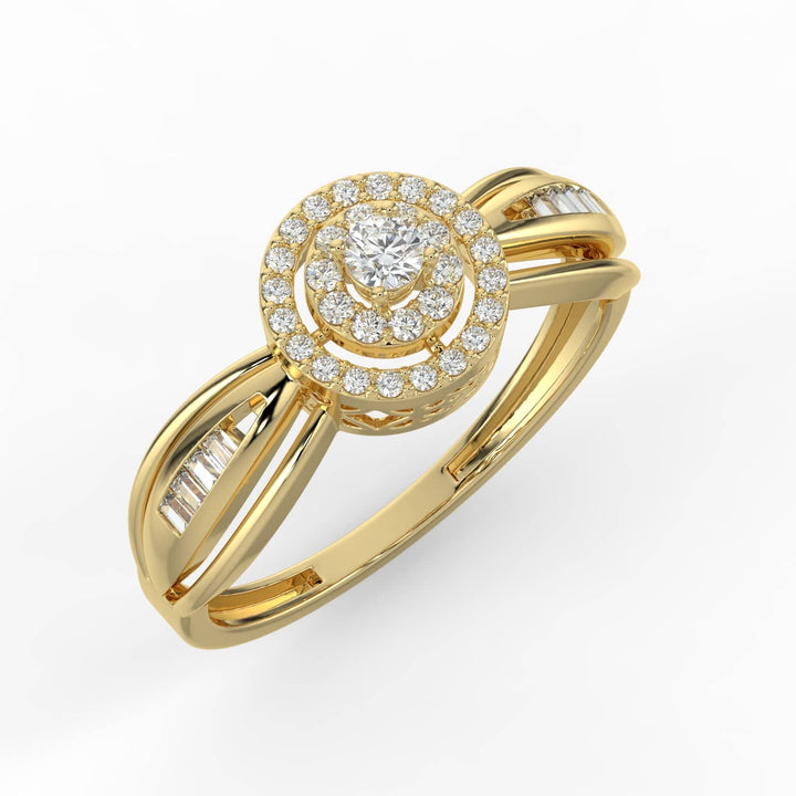 A circular diamond cluster ring with a double halo design and baguette diamonds accentuating the split shank band, creating a timeless and elegant style.