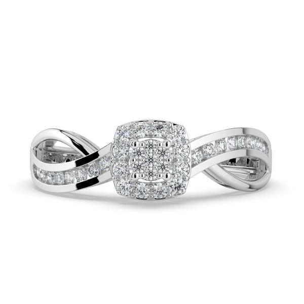 A diamond ring featuring a cushion-shaped cluster center with pavé-set diamonds, complemented by a twisted pavé-set band for a modern yet elegant look.