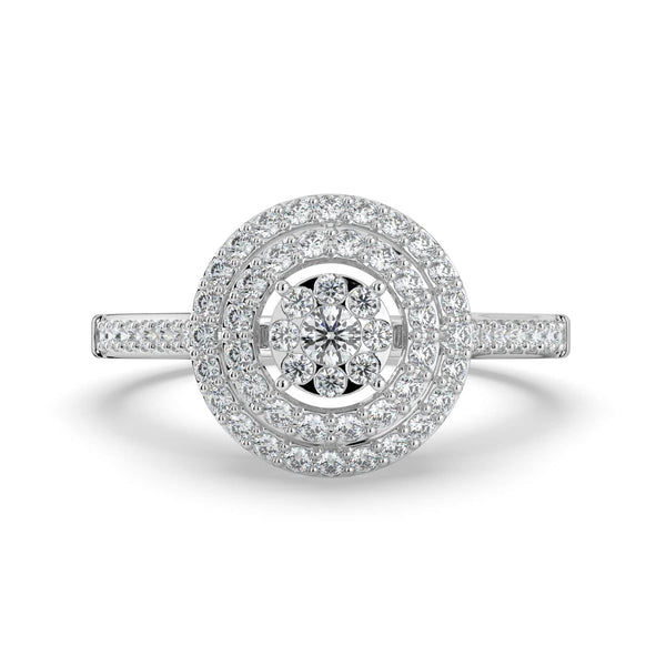 A diamond ring featuring a floral cluster center, surrounded by double pavé-set halos, with a sleek pavé-set band for a timeless look.