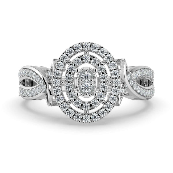 A diamond ring featuring a marquise-shaped center cluster, surrounded by concentric pavé-set halos, with a twisted pavé-set band for added elegance.