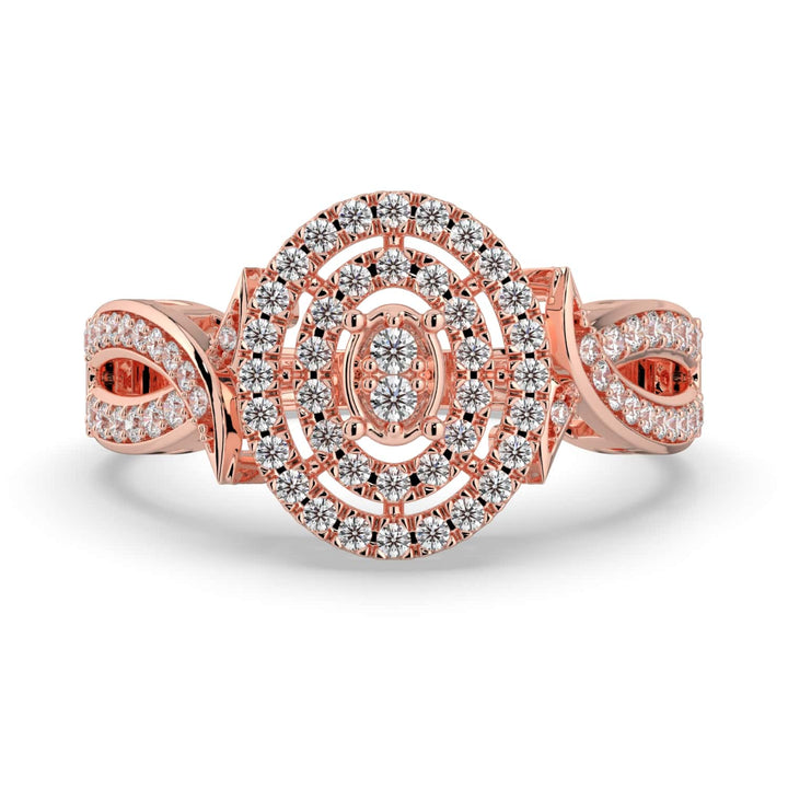 A diamond ring featuring a marquise-shaped center cluster, surrounded by concentric pavé-set halos, with a twisted pavé-set band for added elegance.