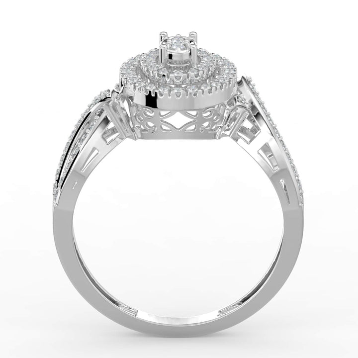 A diamond ring featuring a marquise-shaped center cluster, surrounded by concentric pavé-set halos, with a twisted pavé-set band for added elegance.