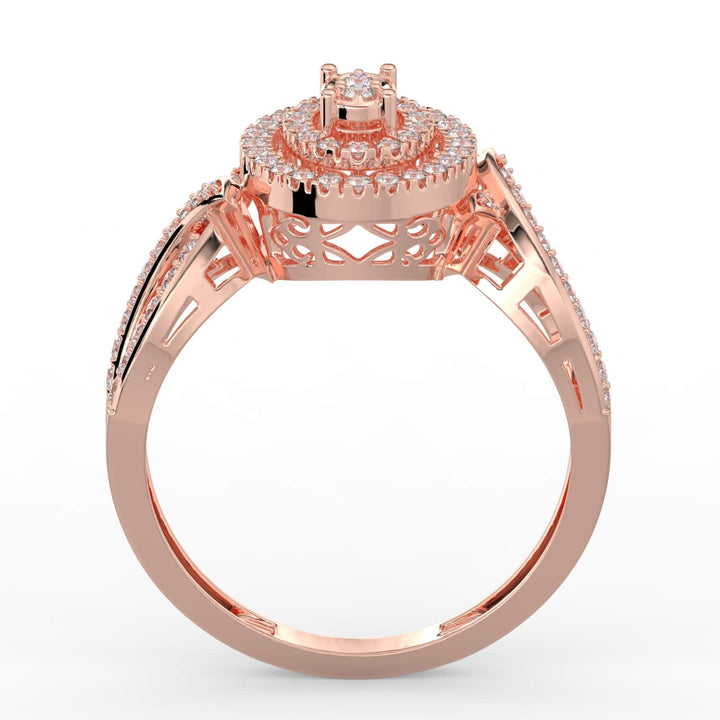 A diamond ring featuring a marquise-shaped center cluster, surrounded by concentric pavé-set halos, with a twisted pavé-set band for added elegance.