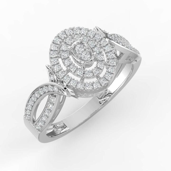 A diamond ring featuring a marquise-shaped center cluster, surrounded by concentric pavé-set halos, with a twisted pavé-set band for added elegance.