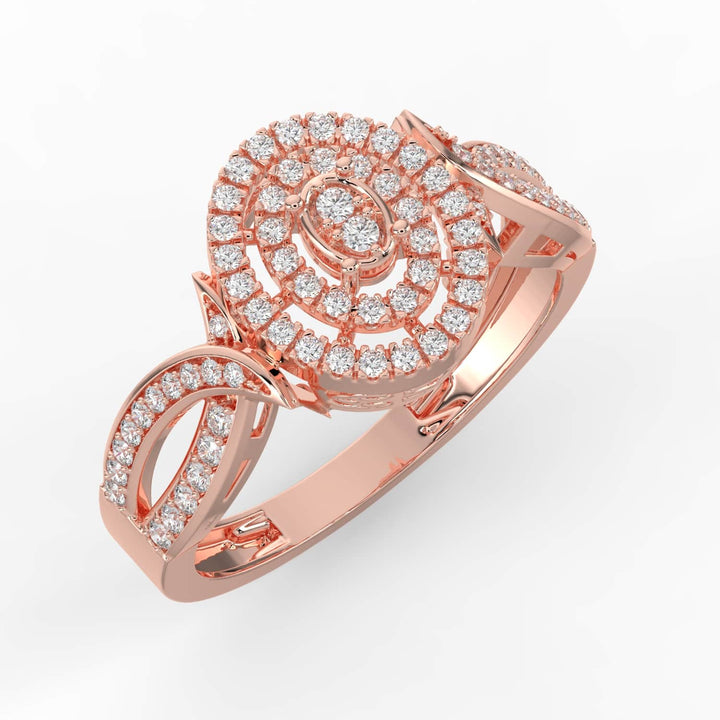 A diamond ring featuring a marquise-shaped center cluster, surrounded by concentric pavé-set halos, with a twisted pavé-set band for added elegance.