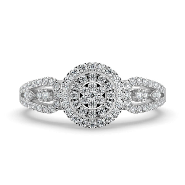 A diamond ring featuring a round cluster center, surrounded by double pavé-set halos, with a pavé-set split band for added elegance and sparkle.