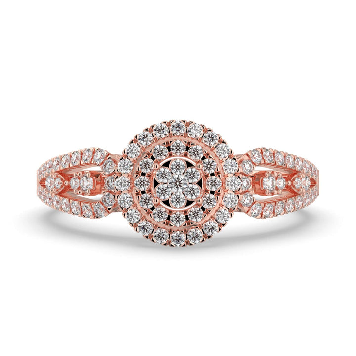 A diamond ring featuring a round cluster center, surrounded by double pavé-set halos, with a pavé-set split band for added elegance and sparkle.