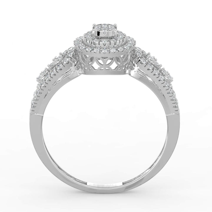 A diamond ring featuring a round cluster center, surrounded by double pavé-set halos, with a pavé-set split band for added elegance and sparkle.