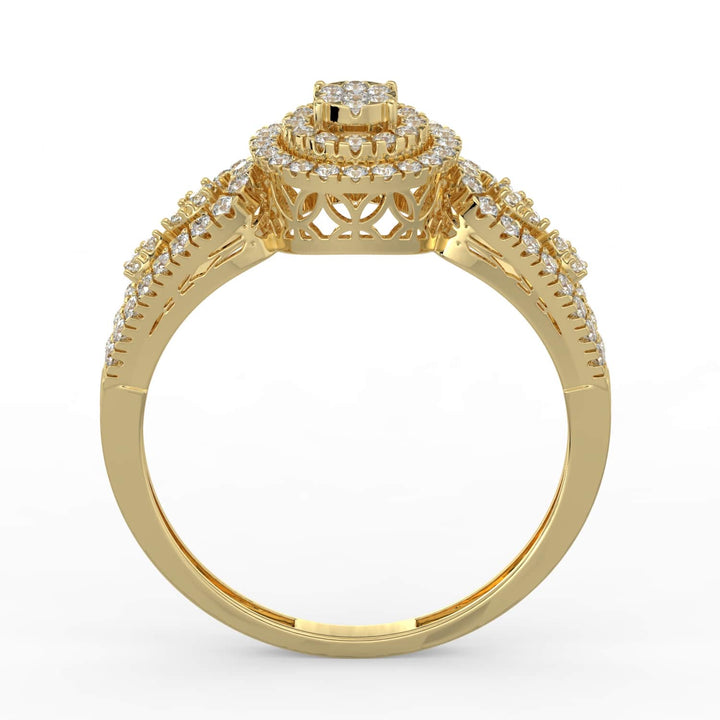 A diamond ring featuring a round cluster center, surrounded by double pavé-set halos, with a pavé-set split band for added elegance and sparkle.