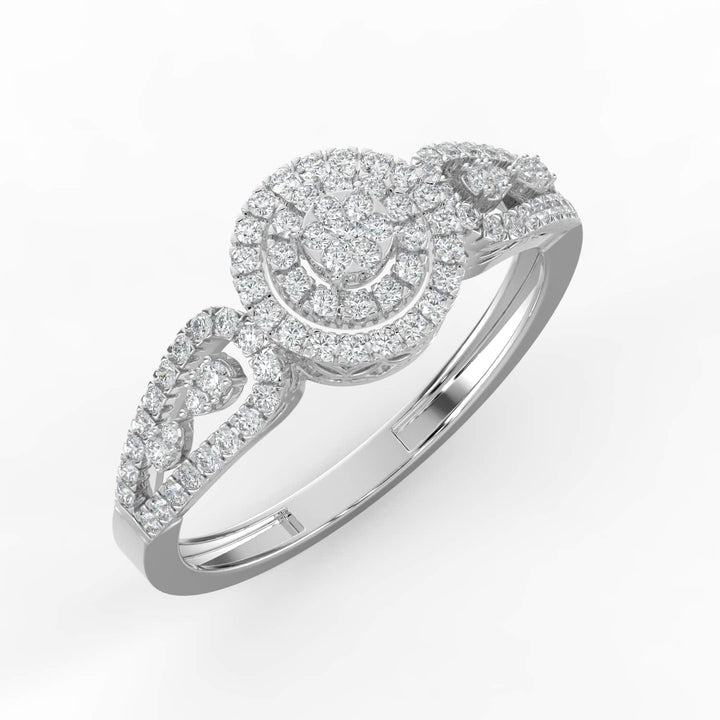 A diamond ring featuring a round cluster center, surrounded by double pavé-set halos, with a pavé-set split band for added elegance and sparkle.