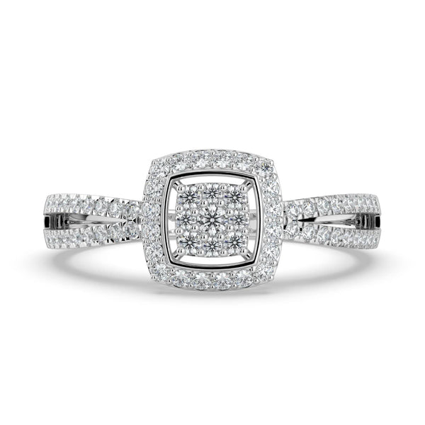 A diamond ring featuring a square cluster center with a double pavé-set halo, and a split pavé-set band for a modern and elegant look.