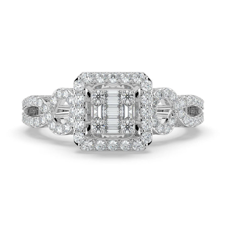 A diamond ring featuring a square baguette diamond center with a pavé-set halo and an infinity-inspired pavé-set band for a touch of elegance.