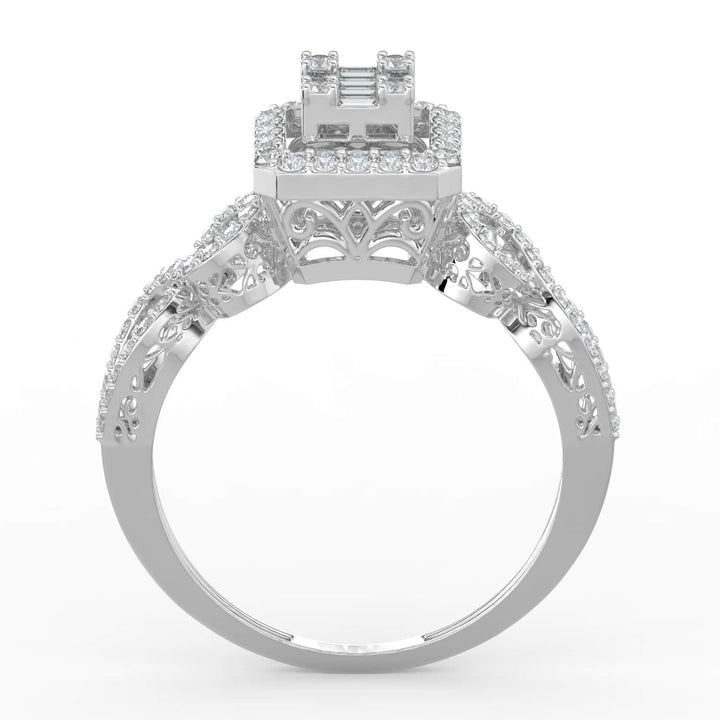 A diamond ring featuring a square baguette diamond center with a pavé-set halo and an infinity-inspired pavé-set band for a touch of elegance.