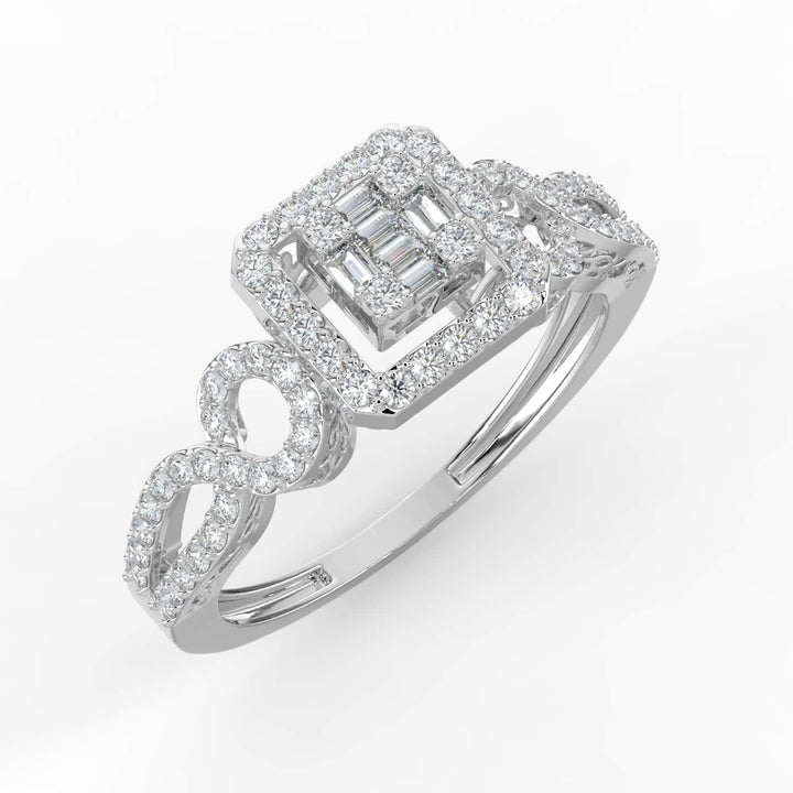 A diamond ring featuring a square baguette diamond center with a pavé-set halo and an infinity-inspired pavé-set band for a touch of elegance.