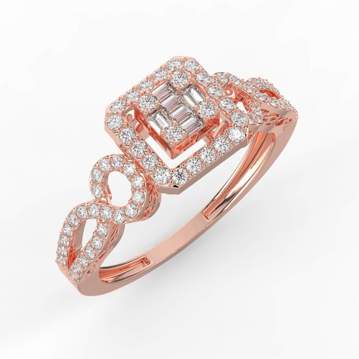 A diamond ring featuring a square baguette diamond center with a pavé-set halo and an infinity-inspired pavé-set band for a touch of elegance.