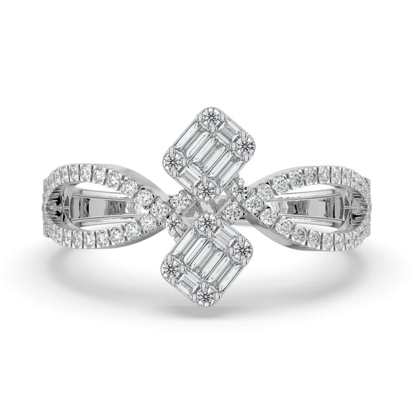 A diamond ring featuring two square clusters of baguette and round diamonds, with a pavé-set infinity-style band for added elegance.