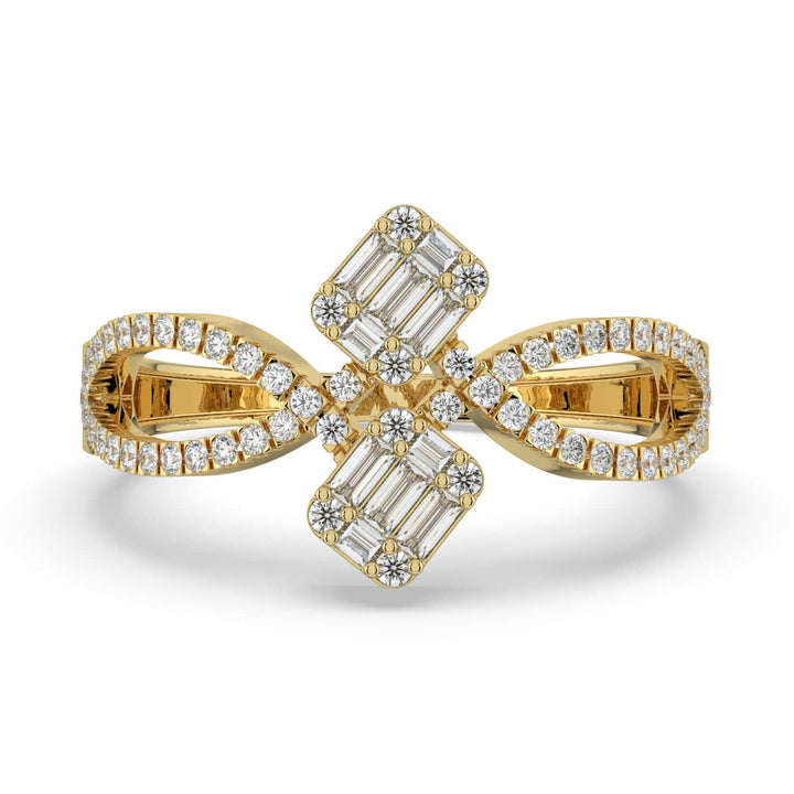 A diamond ring featuring two square clusters of baguette and round diamonds, with a pavé-set infinity-style band for added elegance.