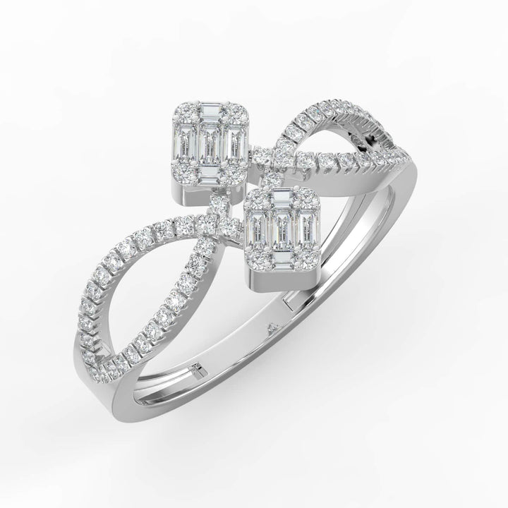 A diamond ring featuring two square clusters of baguette and round diamonds, with a pavé-set infinity-style band for added elegance.