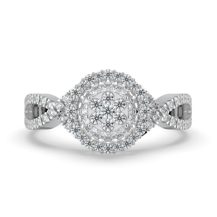 A diamond ring featuring a floral cluster center surrounded by two halos of pavé-set diamonds, with a detailed pavé-set band for added brilliance.