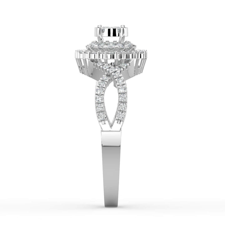 A diamond ring featuring a floral cluster center surrounded by two halos of pavé-set diamonds, with a detailed pavé-set band for added brilliance.