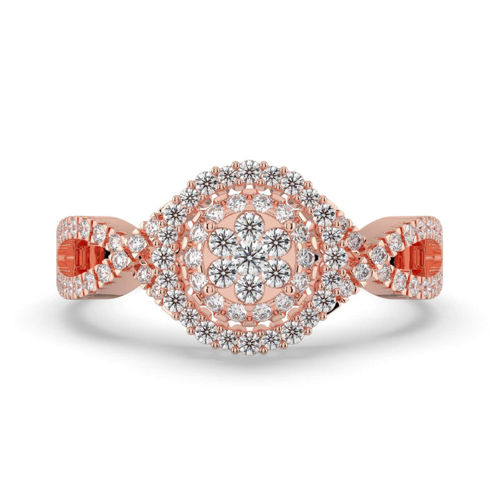 A diamond ring featuring a floral cluster center surrounded by two halos of pavé-set diamonds, with a detailed pavé-set band for added brilliance.