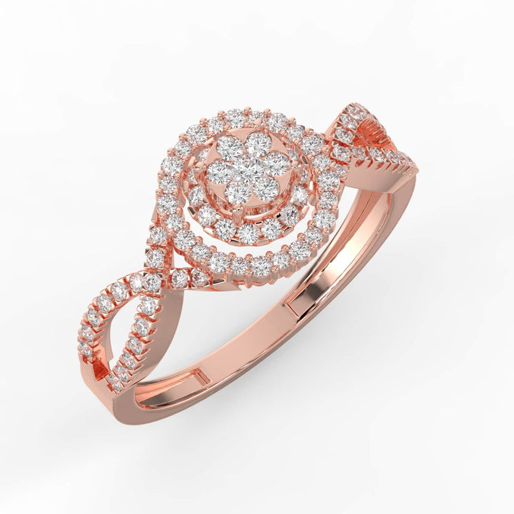 A diamond ring featuring a floral cluster center surrounded by two halos of pavé-set diamonds, with a detailed pavé-set band for added brilliance.