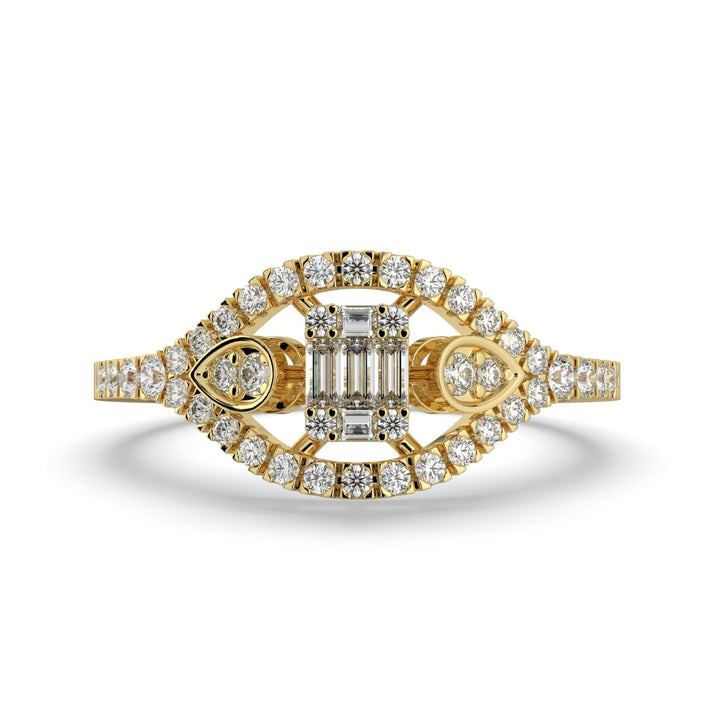 A diamond ring featuring a geometric combination of baguette and round diamonds, set in a marquise-shaped design with pavé-set accents along the band.