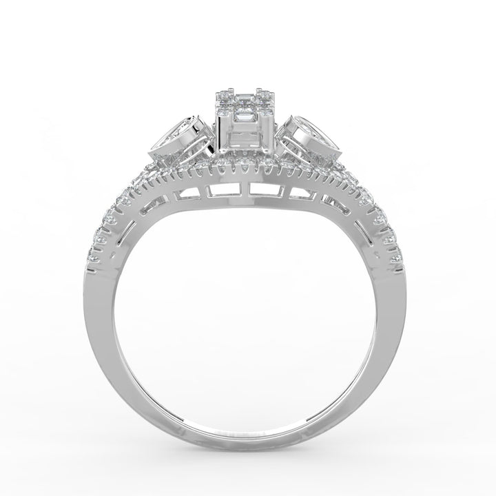 A diamond ring featuring a geometric combination of baguette and round diamonds, set in a marquise-shaped design with pavé-set accents along the band.