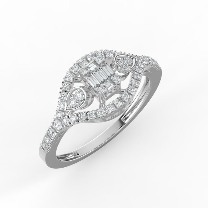 A diamond ring featuring a geometric combination of baguette and round diamonds, set in a marquise-shaped design with pavé-set accents along the band.