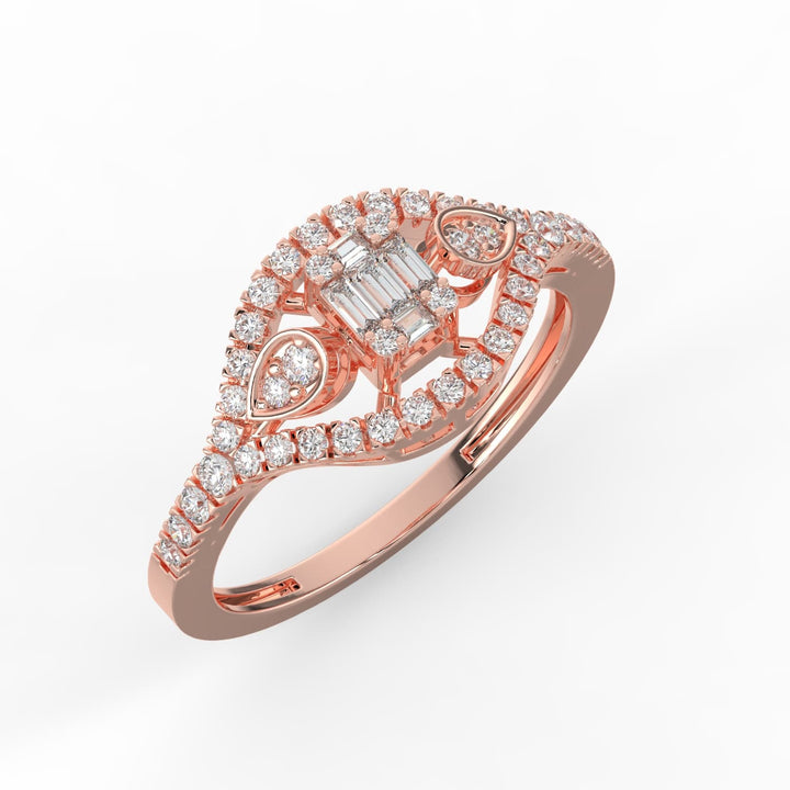 A diamond ring featuring a geometric combination of baguette and round diamonds, set in a marquise-shaped design with pavé-set accents along the band.