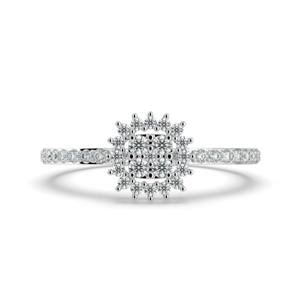 A diamond ring featuring a square cluster center surrounded by a starburst-style halo, with a pavé-set band for added sparkle.