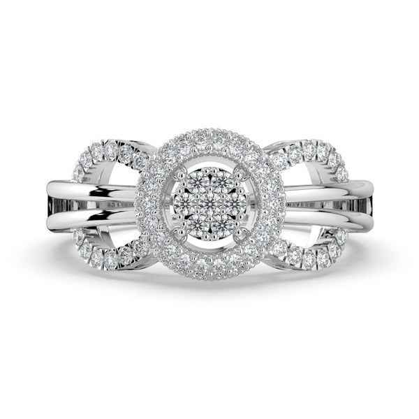 A diamond ring featuring a round cluster center surrounded by a pavé-set halo, with a split shank band accented by additional pavé-set diamonds.