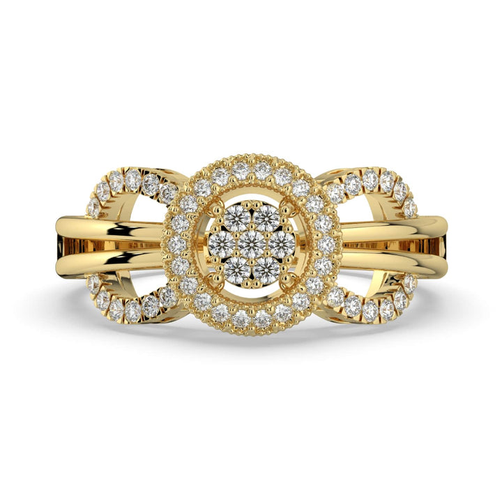 A diamond ring featuring a round cluster center surrounded by a pavé-set halo, with a split shank band accented by additional pavé-set diamonds.