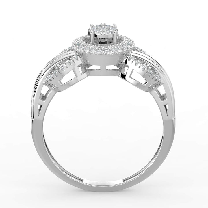 A diamond ring featuring a round cluster center surrounded by a pavé-set halo, with a split shank band accented by additional pavé-set diamonds.