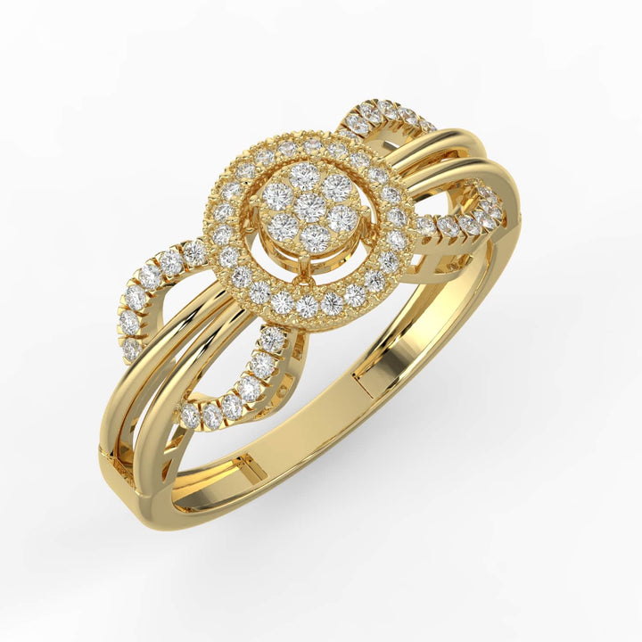 A diamond ring featuring a round cluster center surrounded by a pavé-set halo, with a split shank band accented by additional pavé-set diamonds.