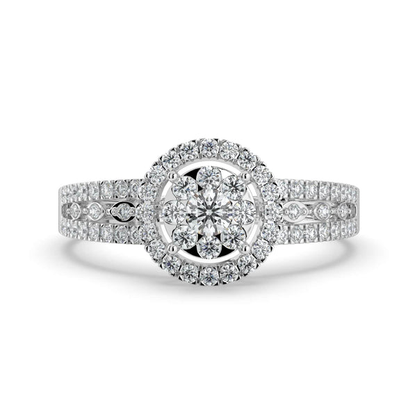 A diamond ring featuring a floral-inspired round cluster center, surrounded by a pavé-set halo, with a detailed pavé-set band for added elegance.