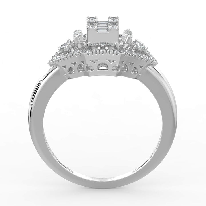 A vintage-inspired diamond ring featuring a combination of baguette and round diamonds in a marquise-shaped design, with a pavé-set halo and a polished band.