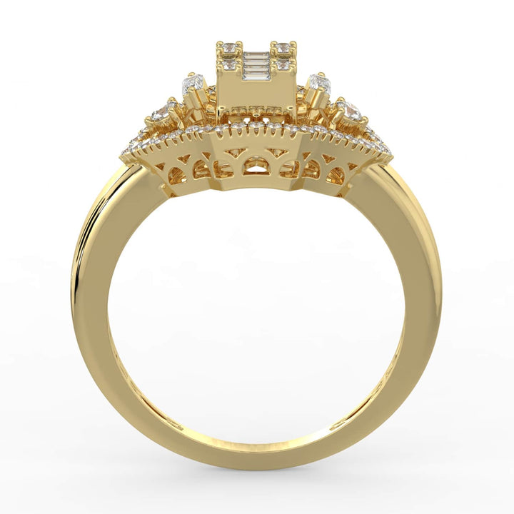 A vintage-inspired diamond ring featuring a combination of baguette and round diamonds in a marquise-shaped design, with a pavé-set halo and a polished band.